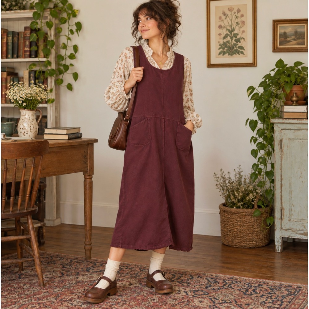 Vintage Medium Pinafore Dress 90s Burgundy Teacher Grunge Granny Cotton Midi
